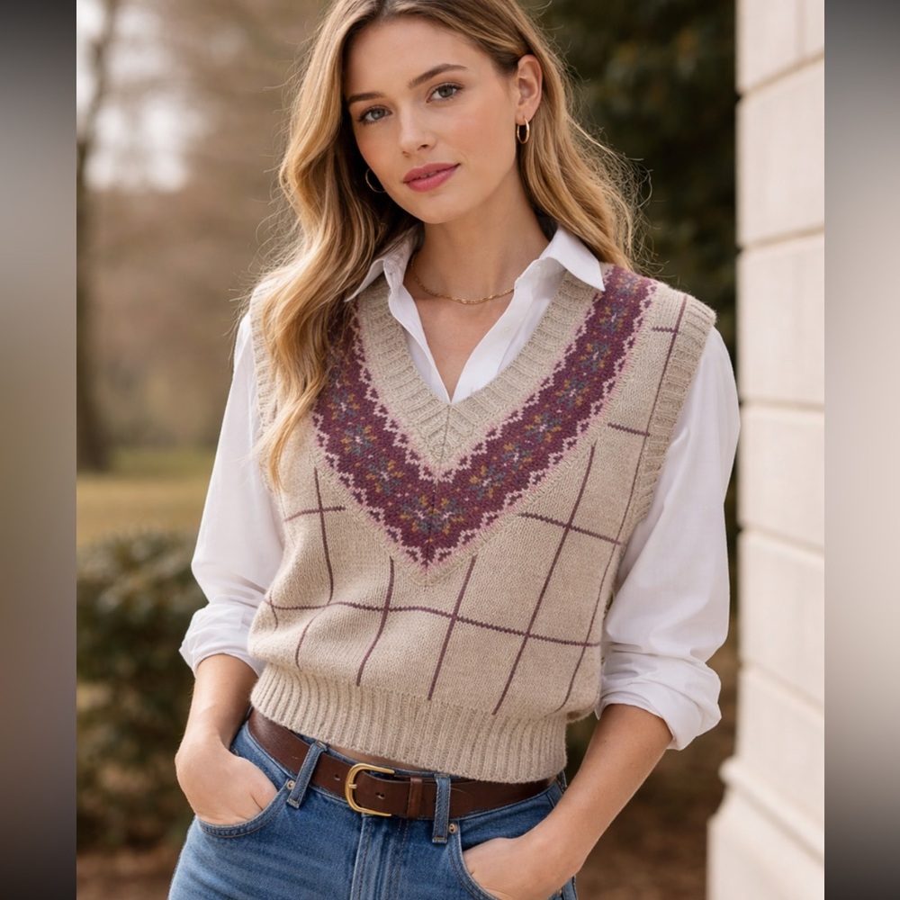 Vintage Scandi Girl Cottagecore Ralph Lauren Linen blend Retro sweater vest SZ S